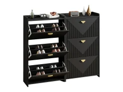 Conjunto de 2 armários para calçado preto com 3 portas basculantes e 6 compartimentos.