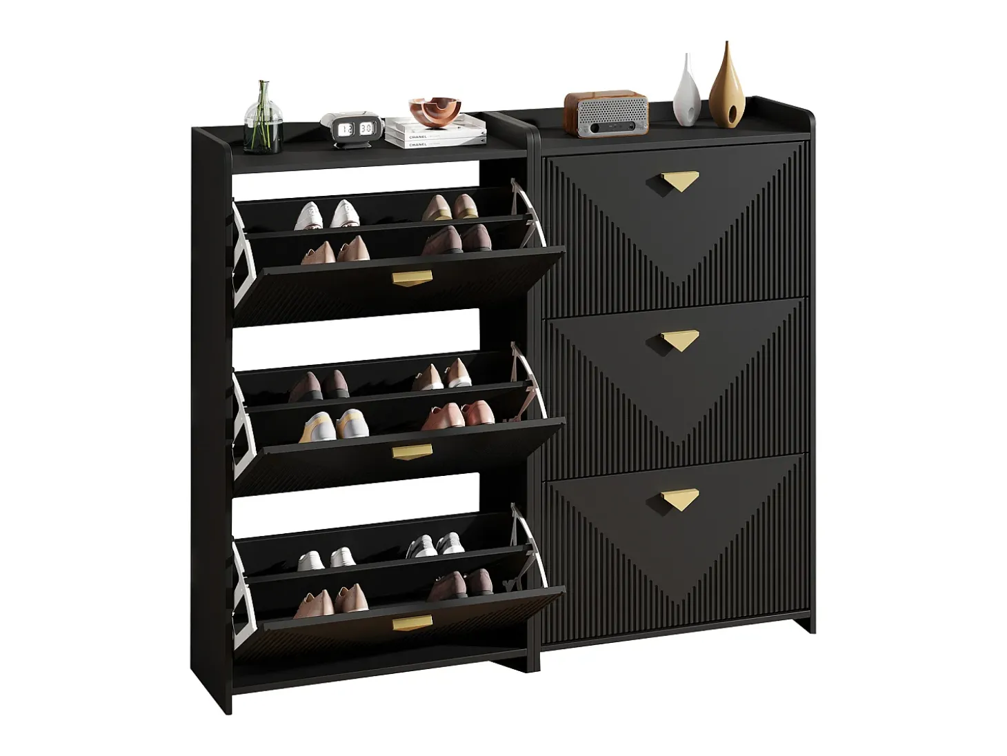 Conjunto de 2 armários para calçado preto com 3 portas basculantes e 6 compartimentos.