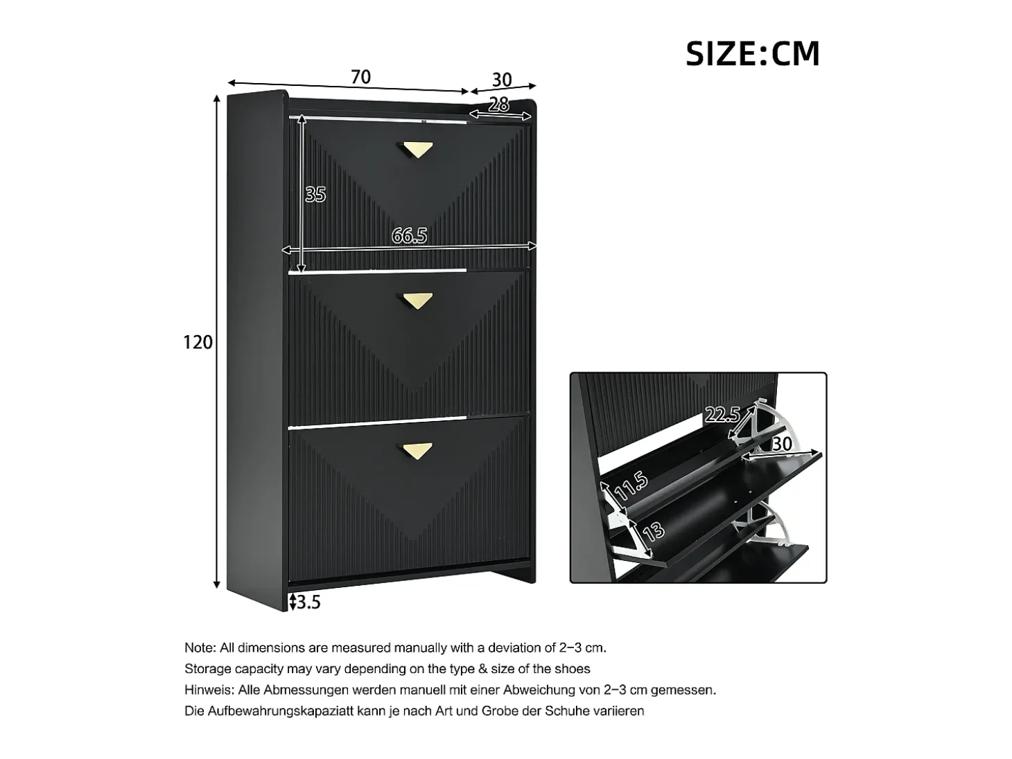 Conjunto de 2 armários para calçado preto com 3 portas basculantes e 6 compartimentos.