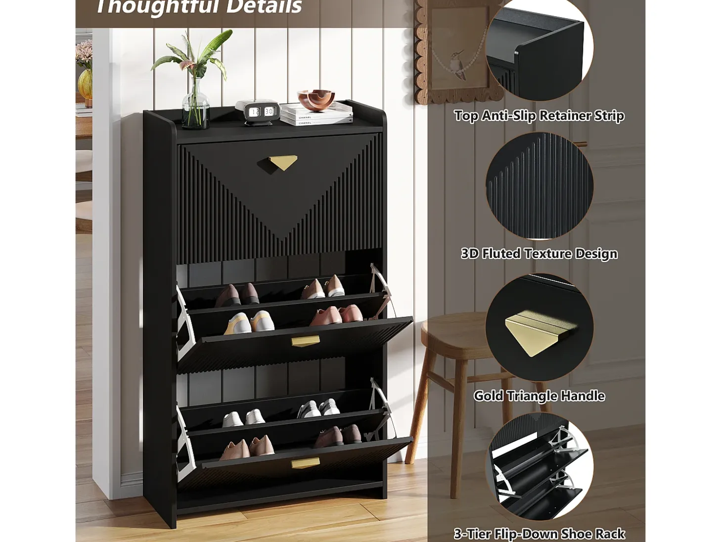Conjunto de 2 armários para calçado preto com 3 portas basculantes e 6 compartimentos.
