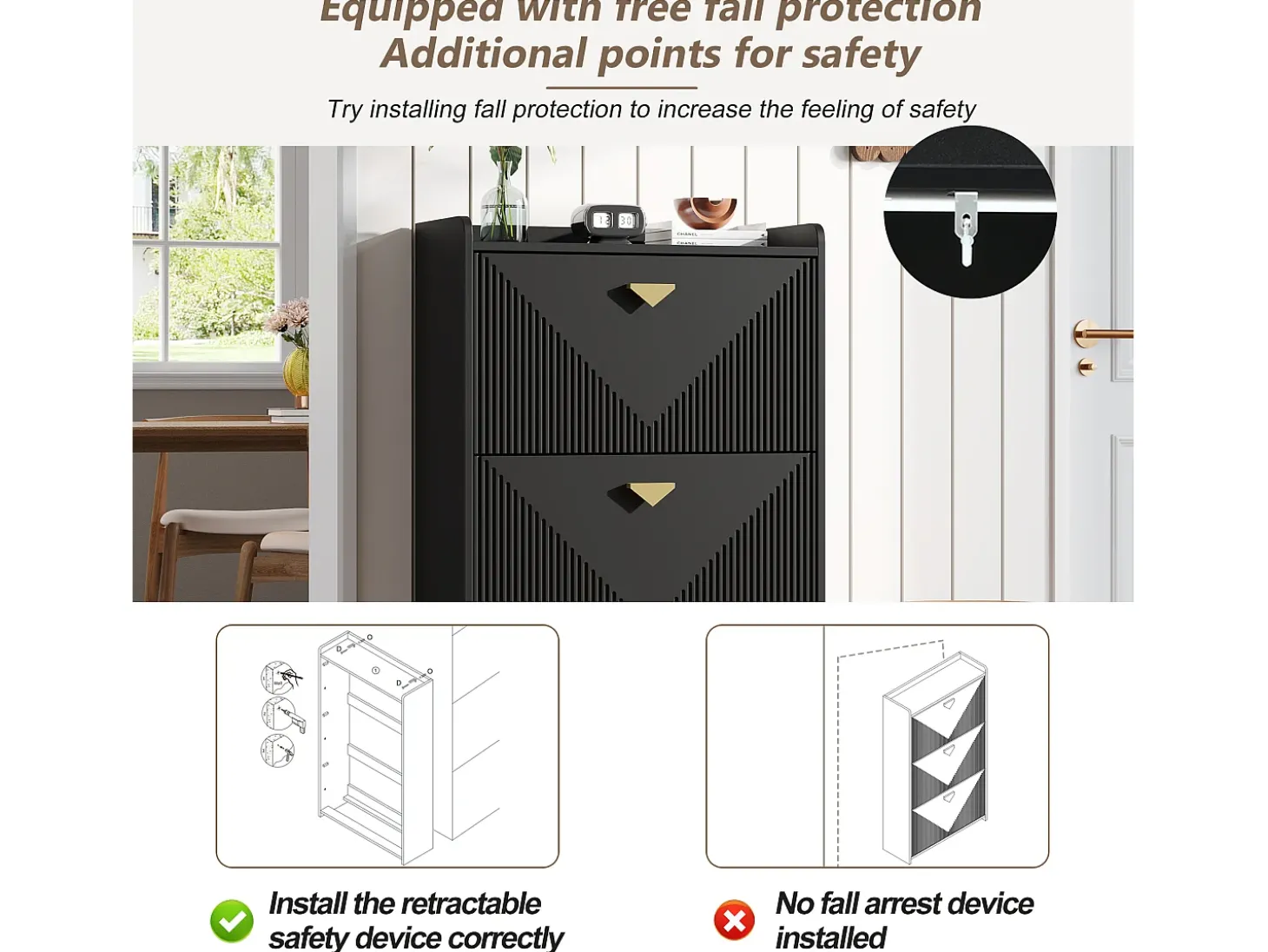 Conjunto de 2 armários para calçado preto com 3 portas basculantes e 6 compartimentos.