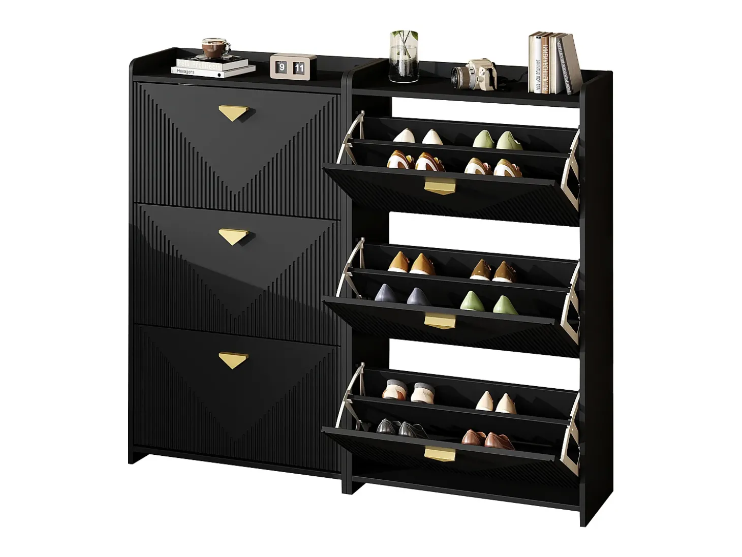 Conjunto de 2 armários para calçado preto com 3 portas basculantes e 6 compartimentos.