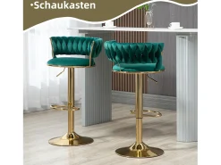 Conjunto de 2 bancos altos giratórios 360° - 54 x 46 x 78/97 - altura ajustável com encosto - veludo - verde