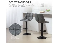 Conjunto de 2 bancos altos, reguláveis em altura e giratórios, estofados com encosto, efeito chenille, apoio para os pés, cinza escuro