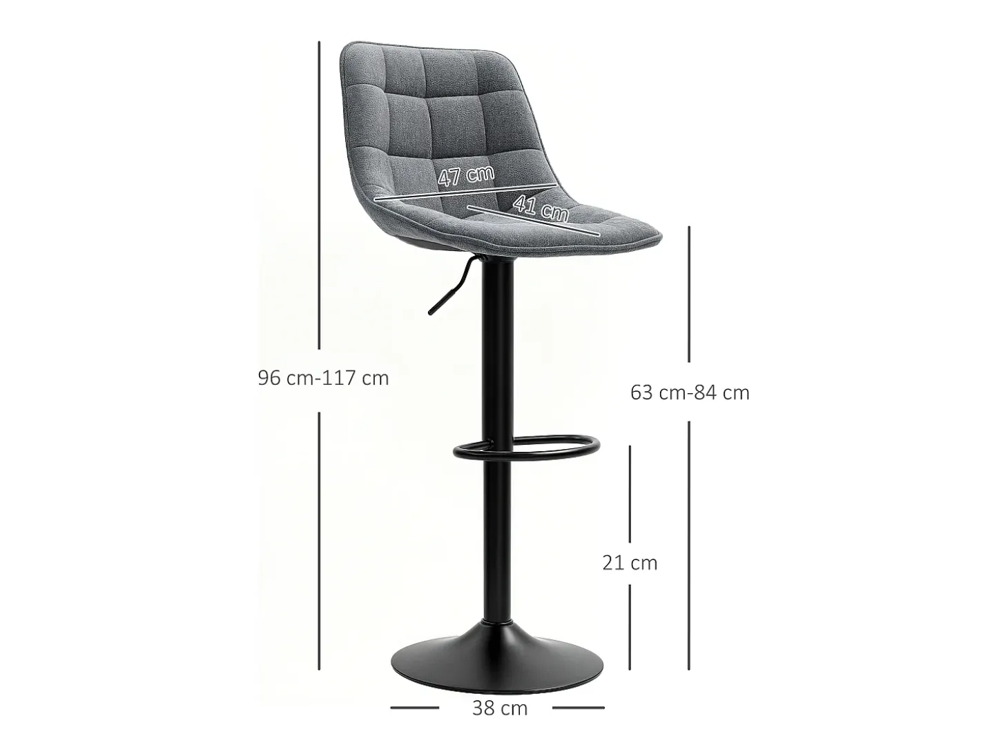 Conjunto de 2 bancos altos, reguláveis em altura e giratórios, estofados com encosto, efeito chenille, apoio para os pés, cinza escuro