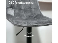 Conjunto de 2 bancos altos, reguláveis em altura e giratórios, estofados com encosto, efeito chenille, apoio para os pés, cinza escuro