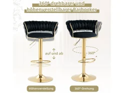 Conjunto de 2 bancos altos giratórios 360° - 54 x 46 x 78/97 - altura ajustável com encosto - veludo - preto