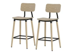 Conjunto de 2 bancos altos, com encosto e apoio para os pés, pés de aço, para cozinha, sala de estar, natural