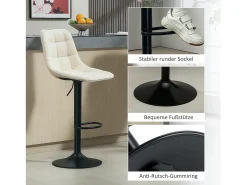 Conjunto de 2 bancos altos, reguláveis em altura e giratórios, estofados com encosto, efeito chenille, apoio para os pés, bege