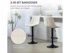 Conjunto de 2 bancos altos, reguláveis em altura e giratórios, estofados com encosto, efeito chenille, apoio para os pés, bege
