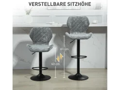Conjunto de 2 bancos altos, reguláveis em altura e giratórios, estofados com encosto, aspecto chenille, apoio para os pés, estrutura de aço, cinza escuro