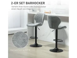 Conjunto de 2 bancos altos, reguláveis em altura e giratórios, estofados com encosto, aspecto chenille, apoio para os pés, estrutura de aço, cinza escuro
