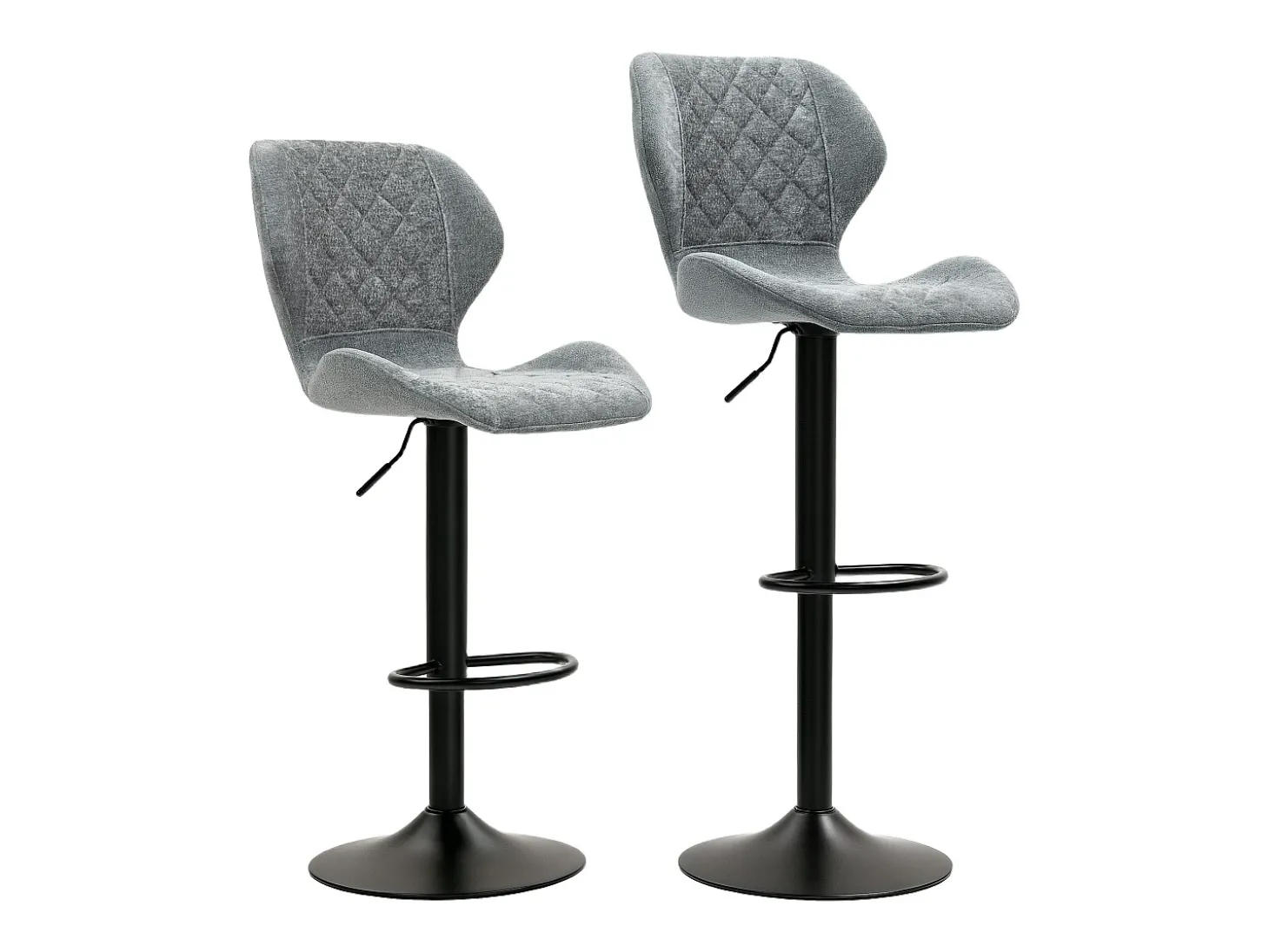 Conjunto de 2 bancos altos, reguláveis em altura e giratórios, estofados com encosto, aspecto chenille, apoio para os pés, estrutura de aço, cinza escuro