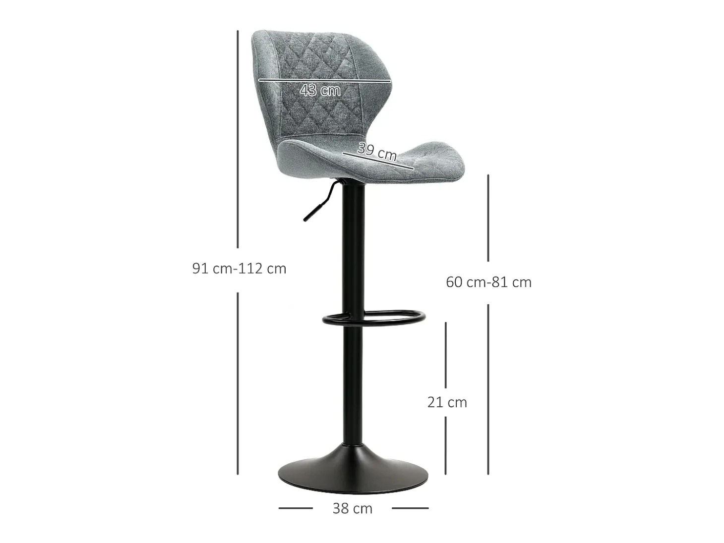 Conjunto de 2 bancos altos, reguláveis em altura e giratórios, estofados com encosto, aspecto chenille, apoio para os pés, estrutura de aço, cinza escuro