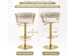 Conjunto de 2 bancos altos giratórios 360° - 54 x 46 x 78/97 - altura ajustável com encosto - veludo - marfim