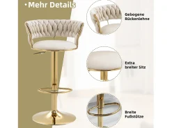 Conjunto de 2 bancos altos giratórios 360° - 54 x 46 x 78/97 - altura ajustável com encosto - veludo - marfim