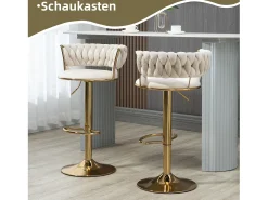 Conjunto de 2 bancos altos giratórios 360° - 54 x 46 x 78/97 - altura ajustável com encosto - veludo - marfim