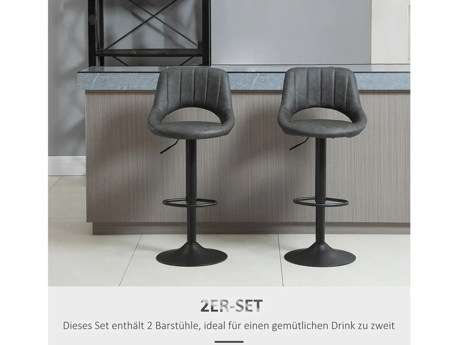 Conjunto de 2 bancos de bar, bancos de cozinha giratórios, altura ajustável com apoio para os pés, aparência de couro, estrutura de metal, cinza