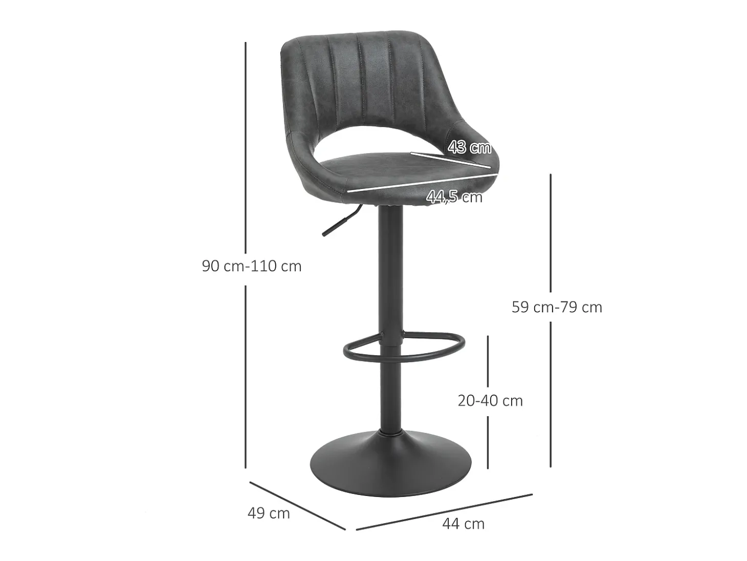 Conjunto de 2 bancos de bar, bancos de cozinha giratórios, altura ajustável com apoio para os pés, aparência de couro, estrutura de metal, cinza