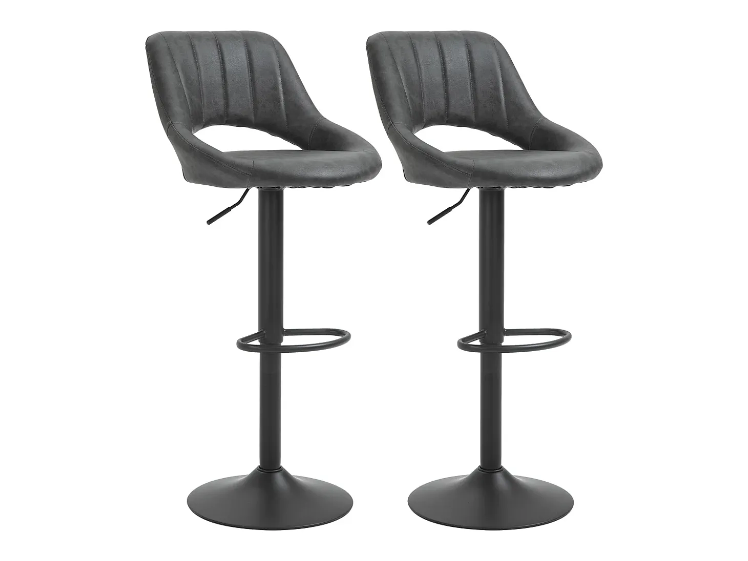 Conjunto de 2 bancos de bar, bancos de cozinha giratórios, altura ajustável com apoio para os pés, aparência de couro, estrutura de metal, cinza