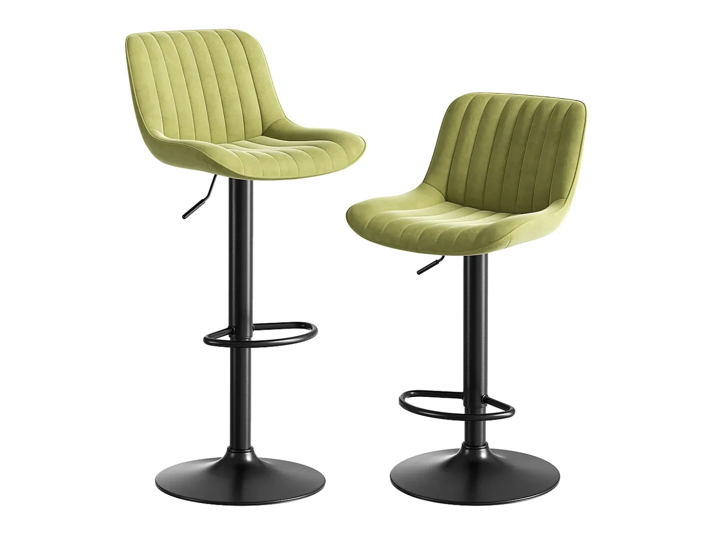 Conjunto de 2 bancos de bar verdes, com altura regulável, em veludo e metal.