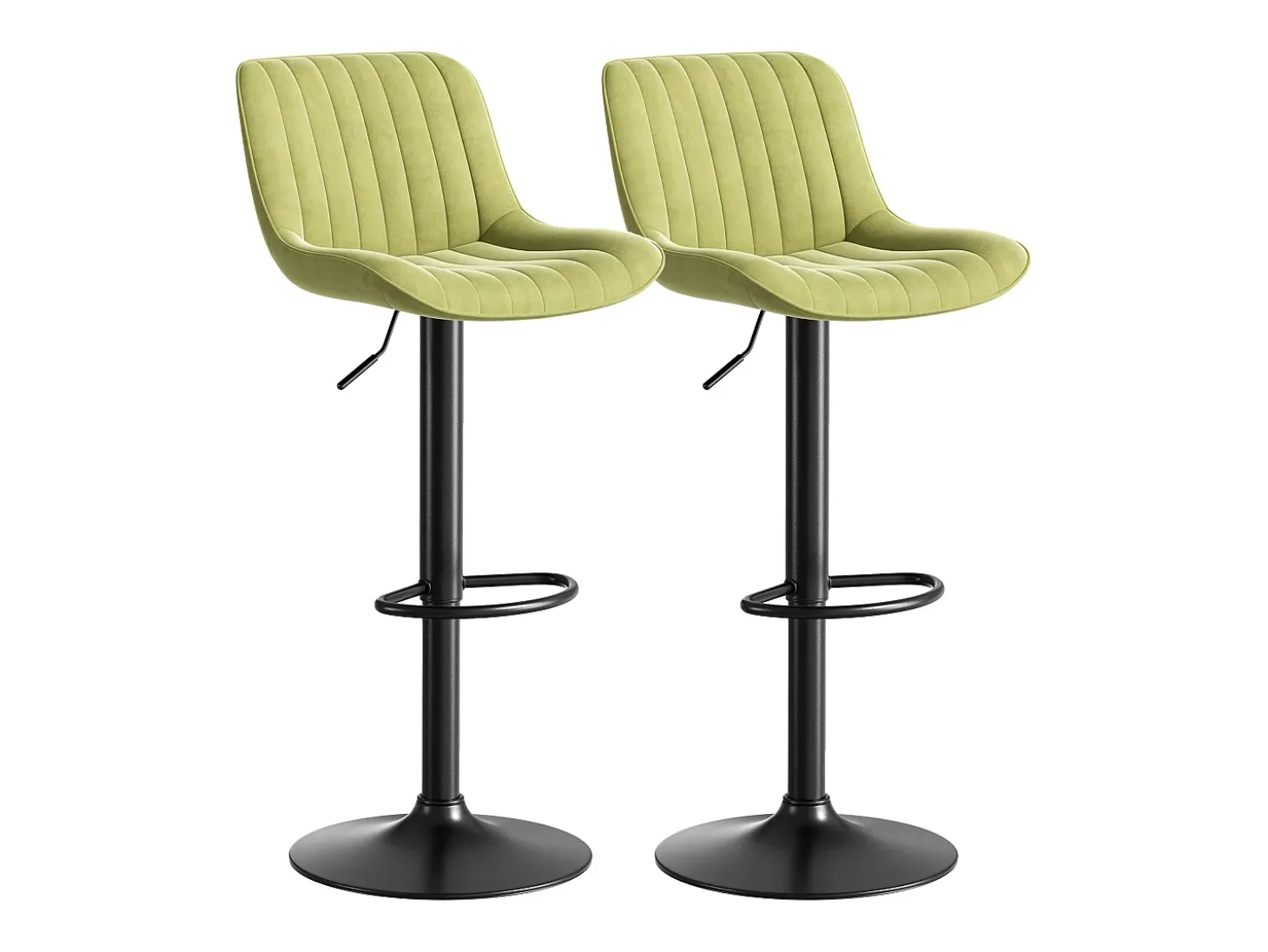 Conjunto de 2 bancos de bar verdes, com altura regulável, em veludo e metal.