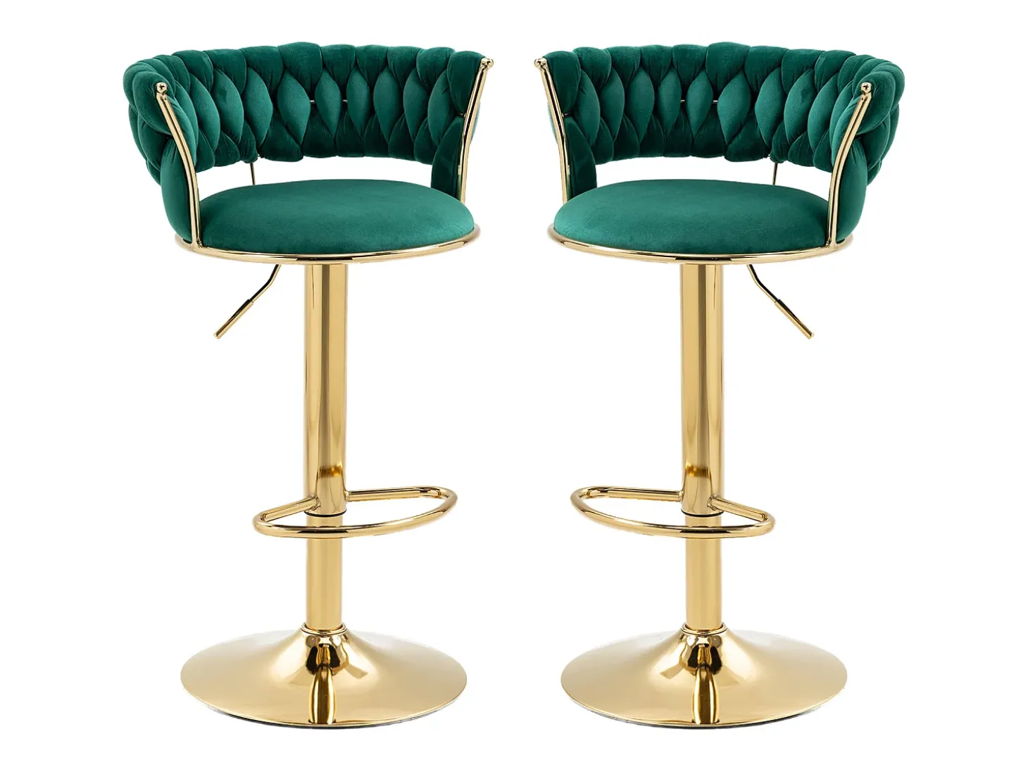 Conjunto de 2 bancos de bar giratórios de 360° e ajustáveis em altura com apoio para os pés, veludo, verde e prateado