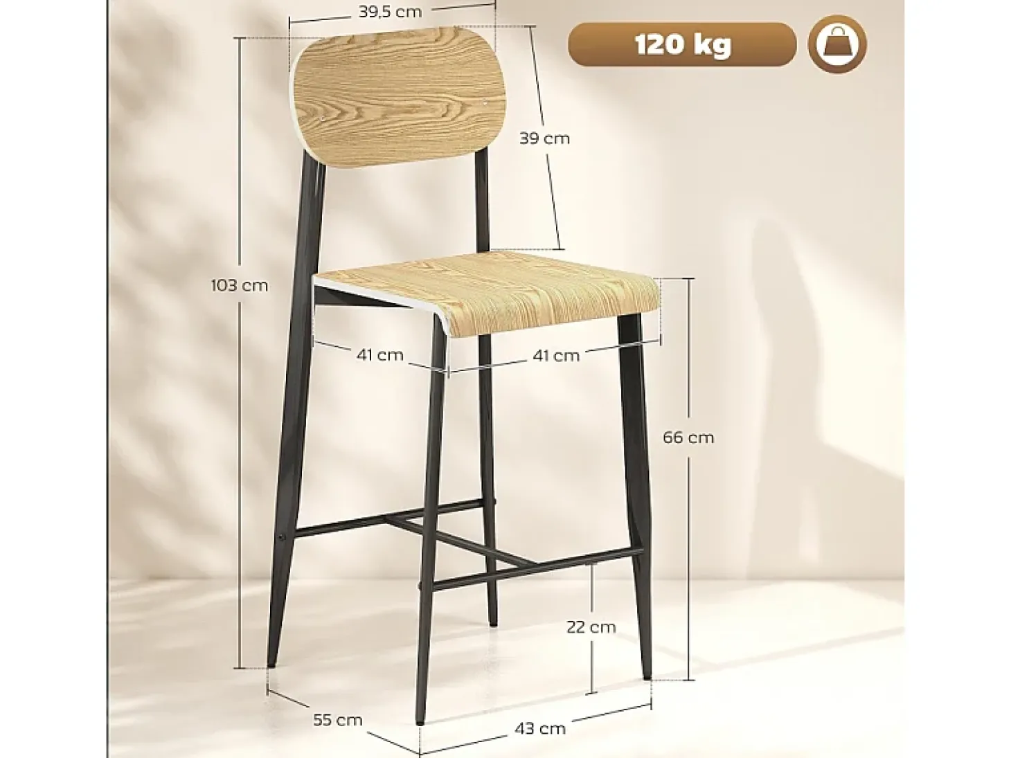 Conjunto de 2 bancos de bar, com apoio para os pés, estrutura de metal, altura do assento 66 cm, design industrial, madeira natural + preto