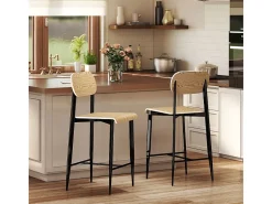 Conjunto de 2 bancos de bar, com apoio para os pés, estrutura de metal, altura do assento 66 cm, design industrial, madeira natural + preto