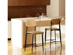 Conjunto de 2 bancos de bar, com apoio para os pés, estrutura de metal, altura do assento 66 cm, design industrial, madeira natural + preto