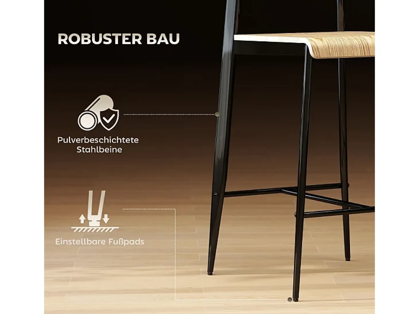 Conjunto de 2 bancos de bar, com apoio para os pés, estrutura de metal, altura do assento 66 cm, design industrial, madeira natural + preto