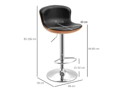 Conjunto de 2 bancos de bar, reguláveis em altura, giratórios, com apoio para os pés e encosto, couro sintético, preto