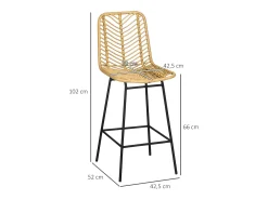 Conjunto de 2 bancos de bar com encosto estilo boho, rattan PE, incluindo apoio para os pés, amarelo + preto