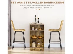 Conjunto de 2 bancos de bar com encosto estilo boho, rattan PE, incluindo apoio para os pés, amarelo + preto