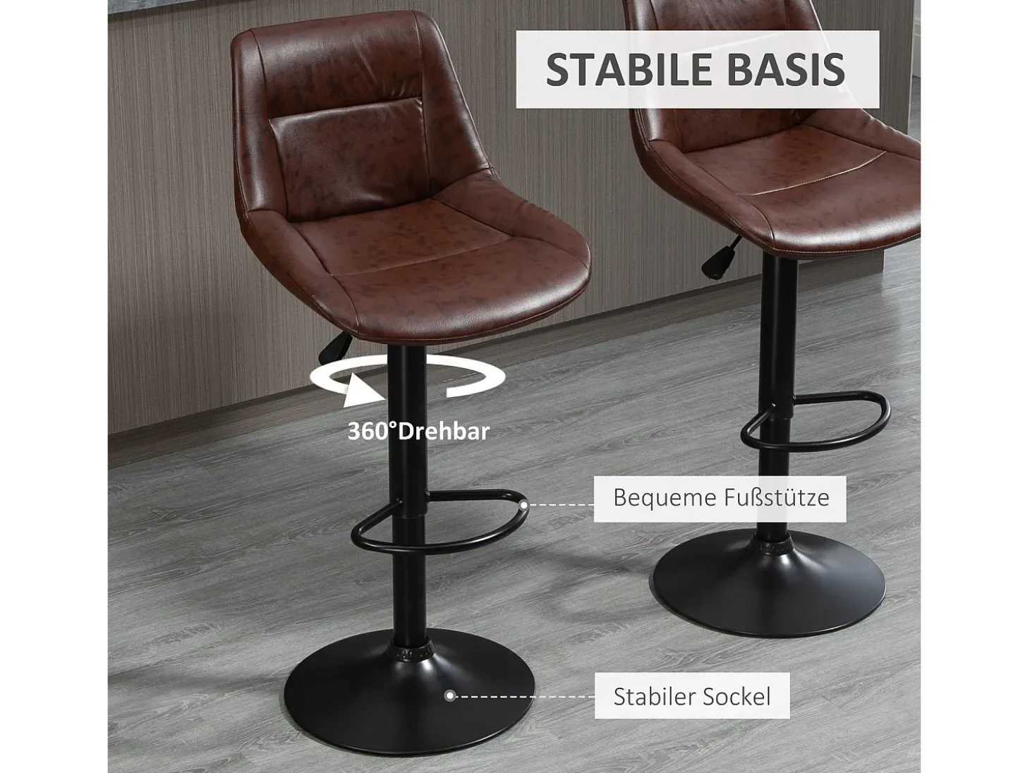 Conjunto de 2 bancos de bar, bancos de balcão ajustáveis em altura com encosto, giratórios, couro sintético, marrom