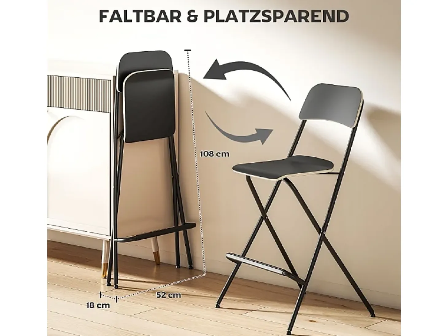 Conjunto de 2 bancos de bar dobráveis com estrutura de aço para cozinha e sala de jantar, preto