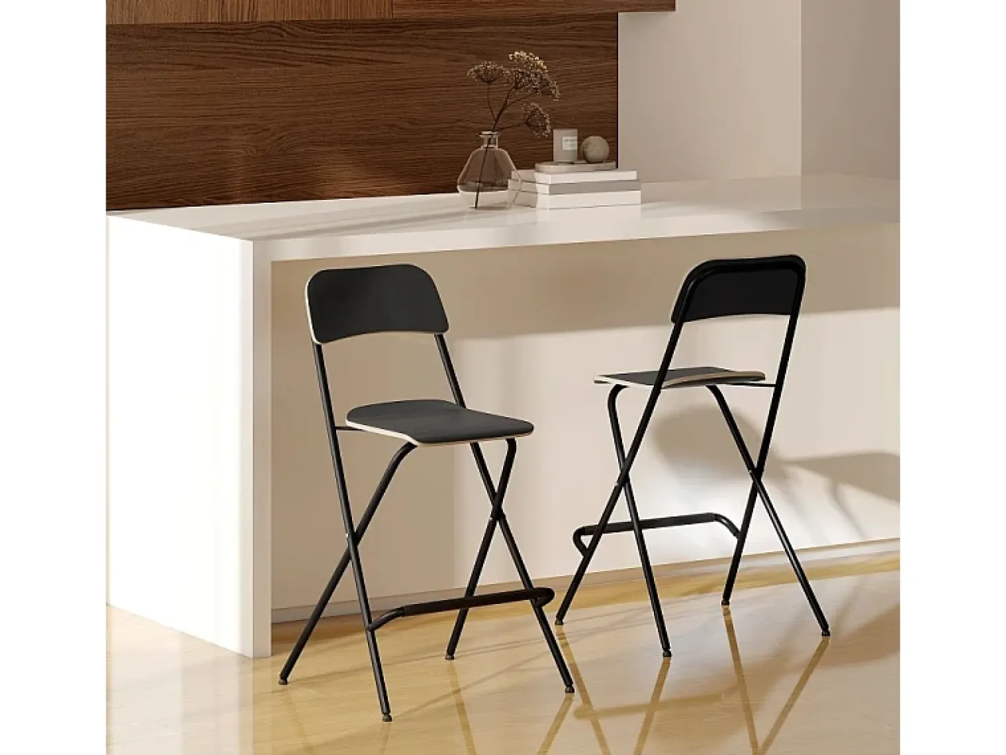 Conjunto de 2 bancos de bar dobráveis com estrutura de aço para cozinha e sala de jantar, preto