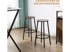 Conjunto de 2 bancos de bar, design industrial, com apoio para os pés, estrutura metálica, até 120 kg, castanho