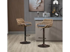 Conjunto de 2 banquetas ajustáveis ​​- Estrutura em metal e encosto em rattan - Almofada em linho cinzento