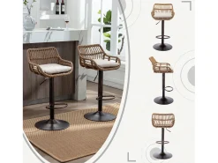 Conjunto de 2 banquetas ajustáveis ​​- Estrutura em metal e encosto em rattan - Almofada em linho bege