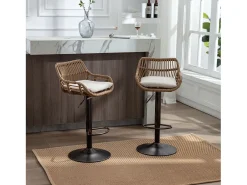 Conjunto de 2 banquetas ajustáveis ​​- Estrutura em metal e encosto em rattan - Almofada em linho bege