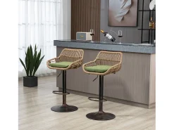 Conjunto de 2 banquetas ajustáveis ​​- Estrutura em metal e encosto em rattan - Almofada de linho verde
