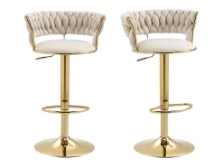 Conjunto de 2 banquetas giratórias em veludo - Altura regulável - Marfim e dourado