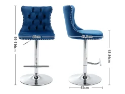 Conjunto de 2 banquetas giratórias em veludo - Altura regulável de 63,5 a 84 cm - Azul e prateado