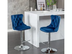 Conjunto de 2 banquetas giratórias em veludo - Altura regulável de 63,5 a 84 cm - Azul e prateado