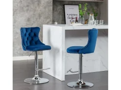 Conjunto de 2 banquetas giratórias em veludo - Altura regulável de 63,5 a 84 cm - Azul e prateado