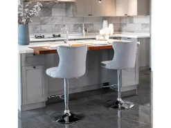 Conjunto de 2 banquetas giratórias em veludo - Altura regulável de 63,5 a 84 cm - Cinza e prateado