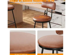 Conjunto de 4 cadeiras de bar com encosto, couro sintético marrom, altura do assento 65 cm