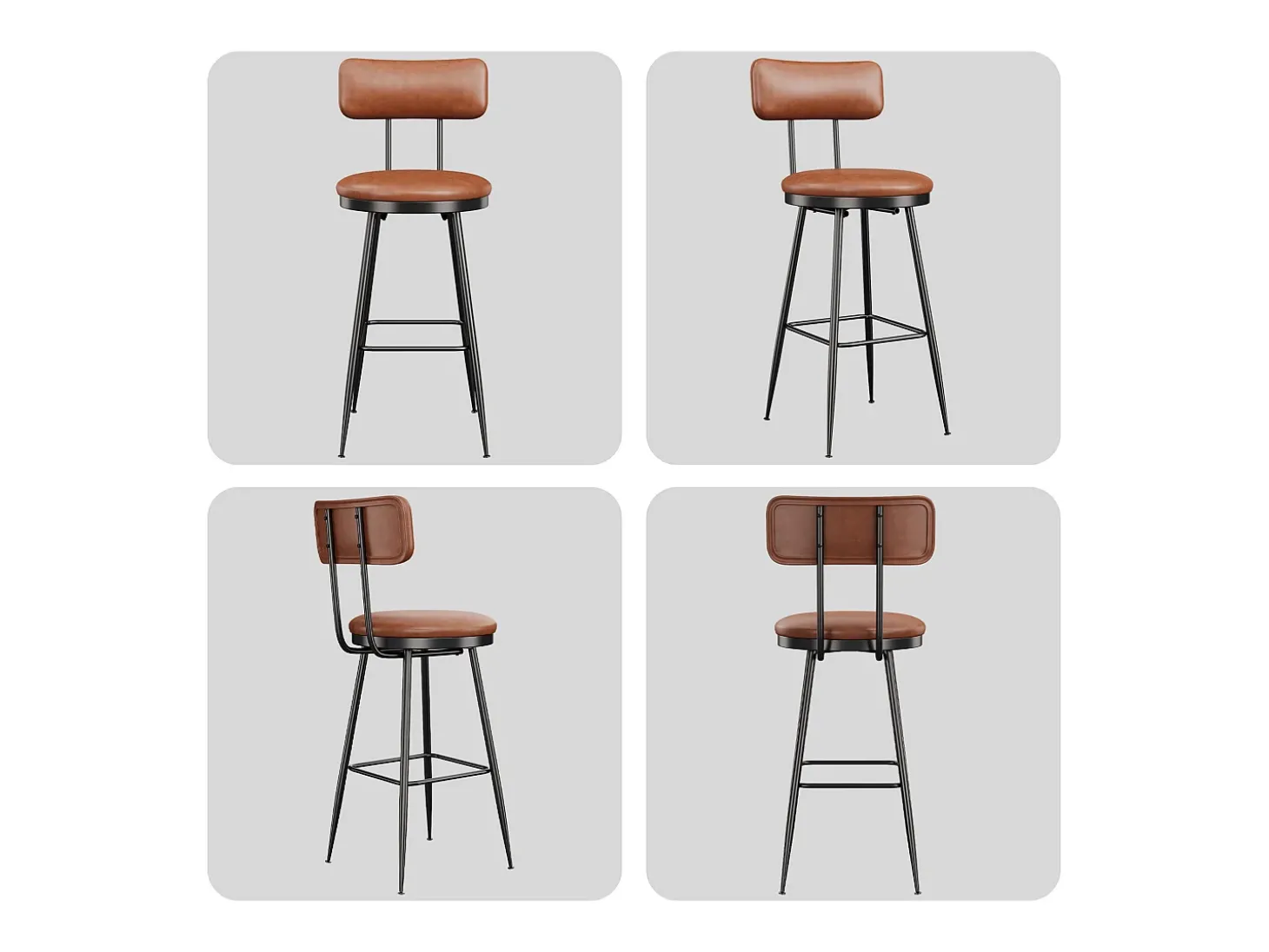 Conjunto de 4 cadeiras de bar com encosto, couro sintético marrom, altura do assento 65 cm