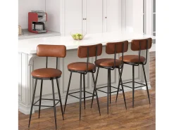 Conjunto de 4 cadeiras de bar com encosto, couro sintético marrom, altura do assento 65 cm